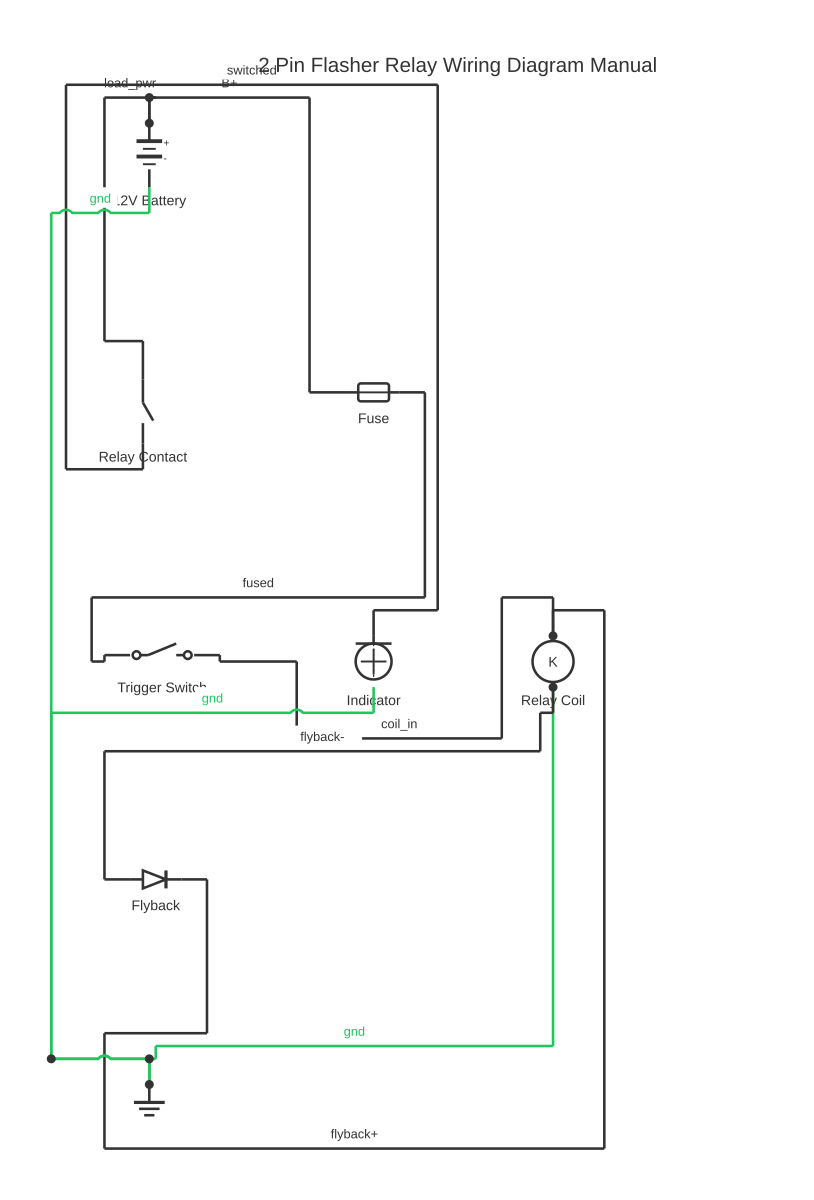 2 pin flasher relay wiring diagram manual showing battery, fuse, SPST switch and relay coil with 10 wired connections
