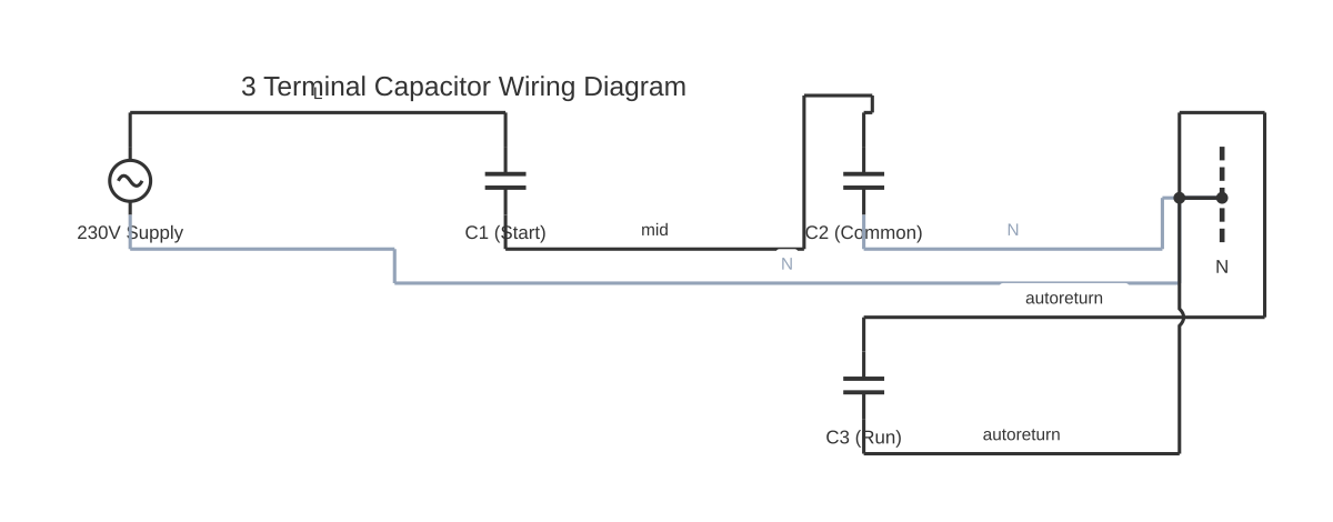 3 terminal capacitor wiring diagram showing AC voltage source and capacitor with 6 wired connections
