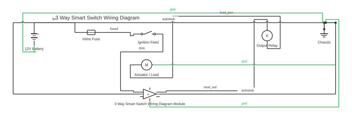 3 way smart switch wiring diagram showing battery, fuse, SPST switch and amplifier block with 10 wired connections