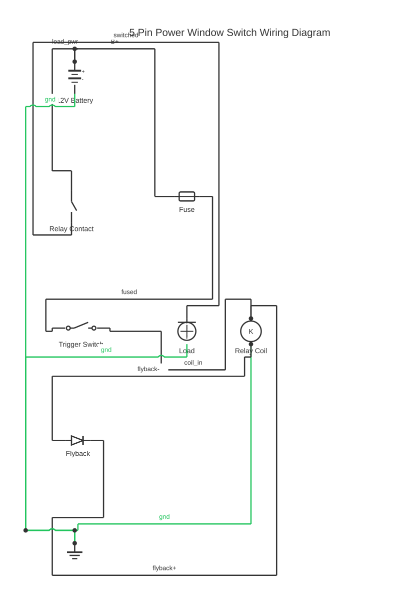 5 pin power window switch wiring diagram showing battery, fuse, SPST switch and relay coil with 10 wired connections