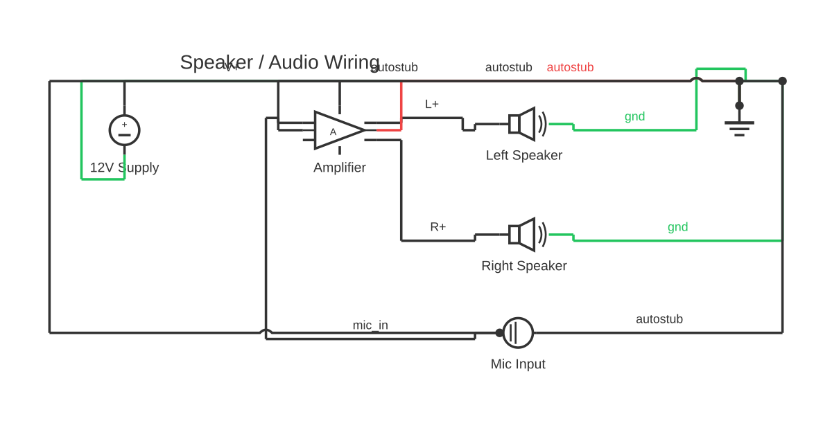 Crossover wiring diagram showing amplifier block, speaker, microphone and DC voltage source with 11 wired connections
