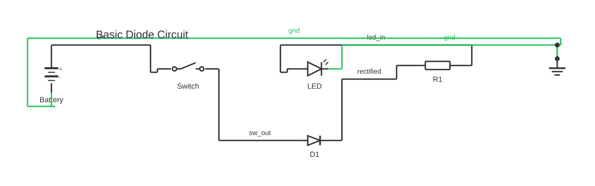 Diode circuit diagram showing battery, SPST switch, diode and resistor with 6 wired connections