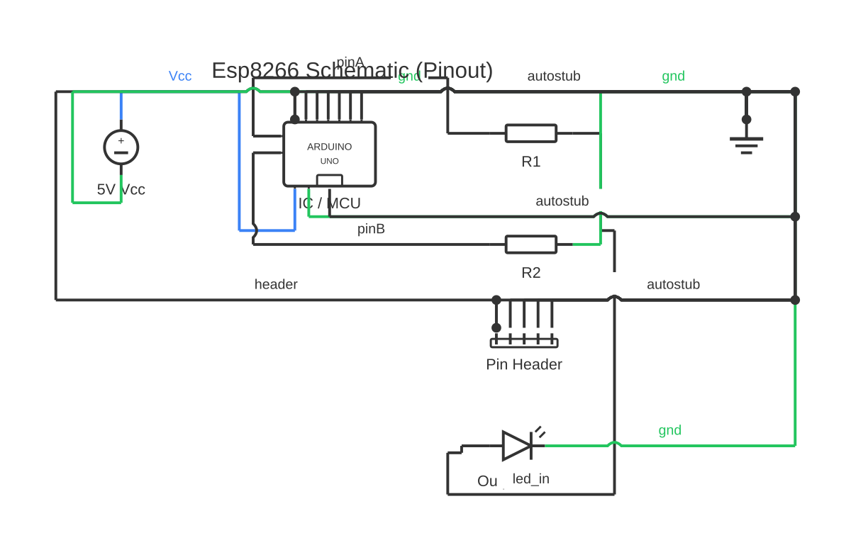 ESP8266 schematic showing DC voltage source, Arduino Uno, resistor and LED with 22 wired connections