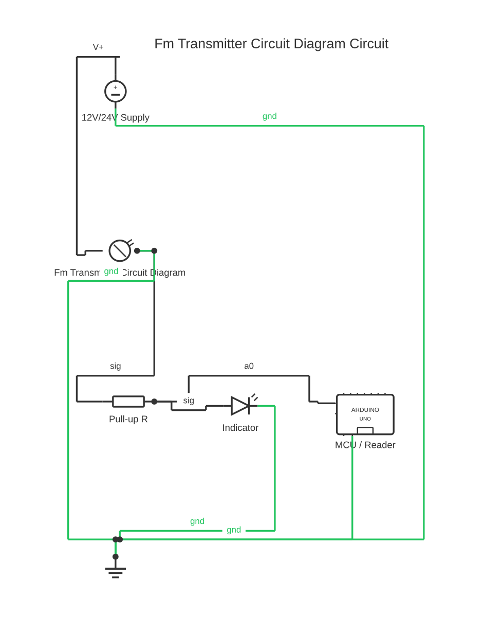 Fm transmitter circuit diagram showing DC voltage source, photocell, resistor and Arduino Uno with 8 wired connections