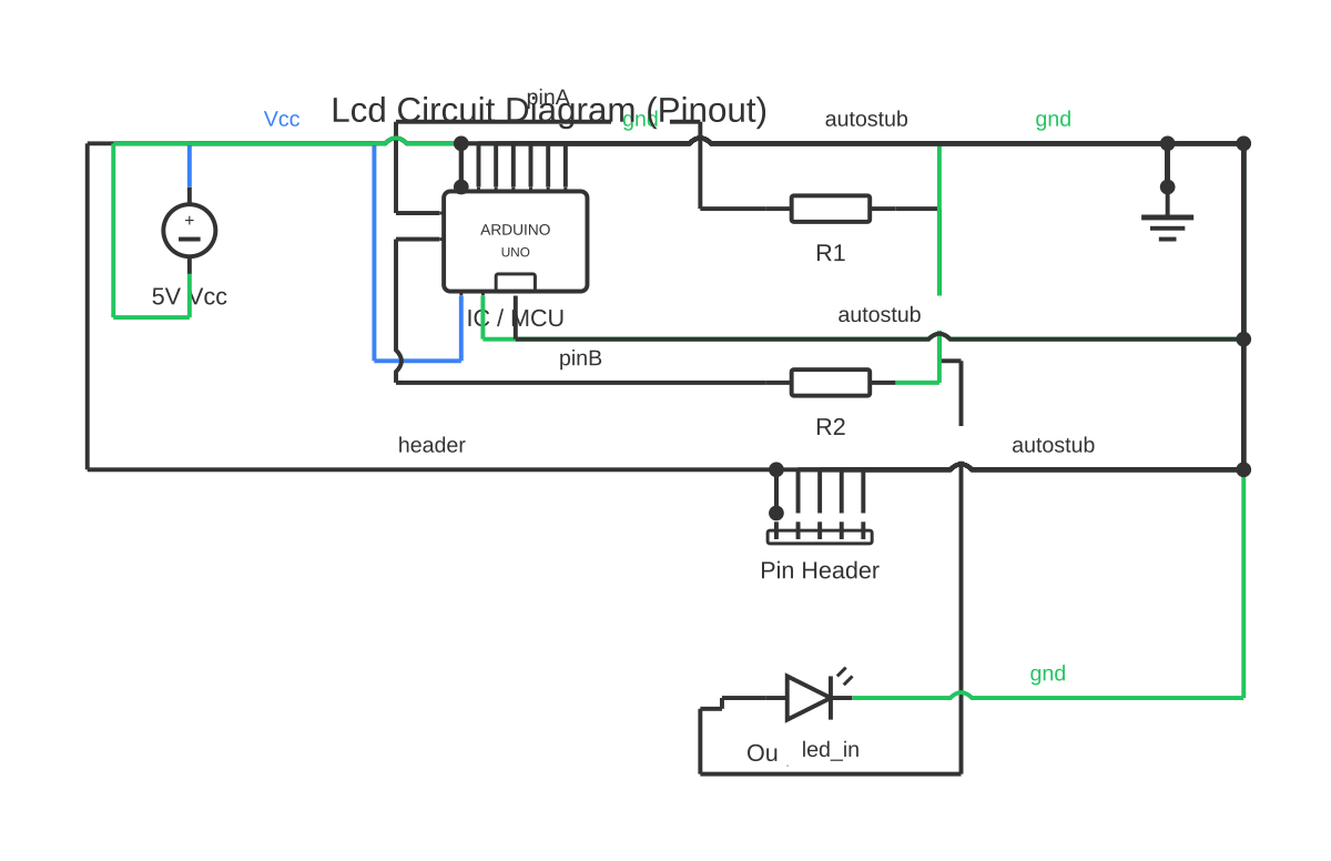 LCD circuit diagram showing DC voltage source, Arduino Uno, resistor and LED with 22 wired connections