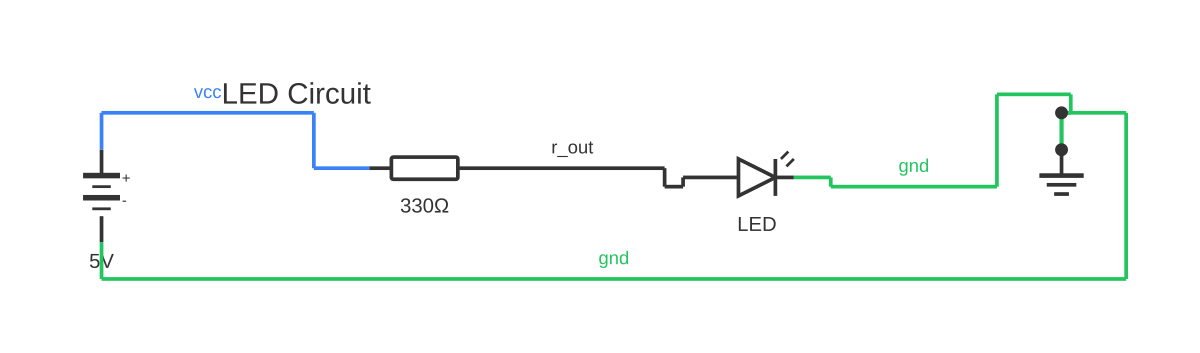 LED light diagram showing battery, resistor and LED with 4 wired connections