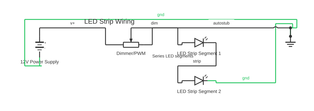 LED strip circuit diagram showing battery, potentiometer and LED with 6 wired connections