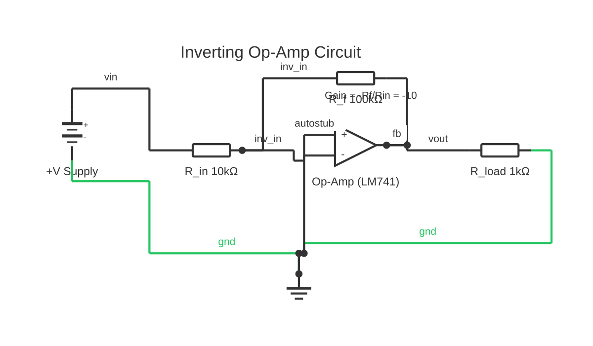 Op-Amp 741 pin diagram showing battery, resistor and Op-Amp with 8 wired connections