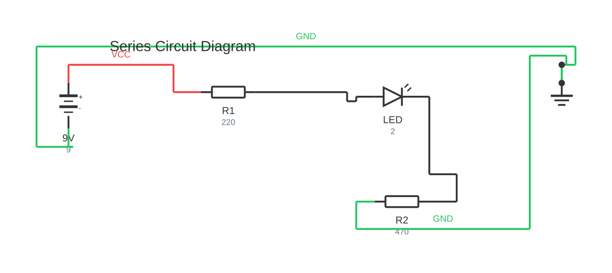 Parallel battery diagram showing battery, resistor and LED with 5 wired connections