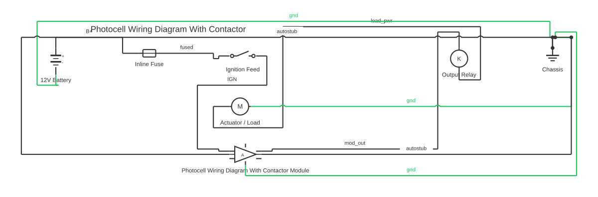 Photocell wiring diagram with contactor showing battery, fuse, SPST switch and amplifier block with 10 wired connections