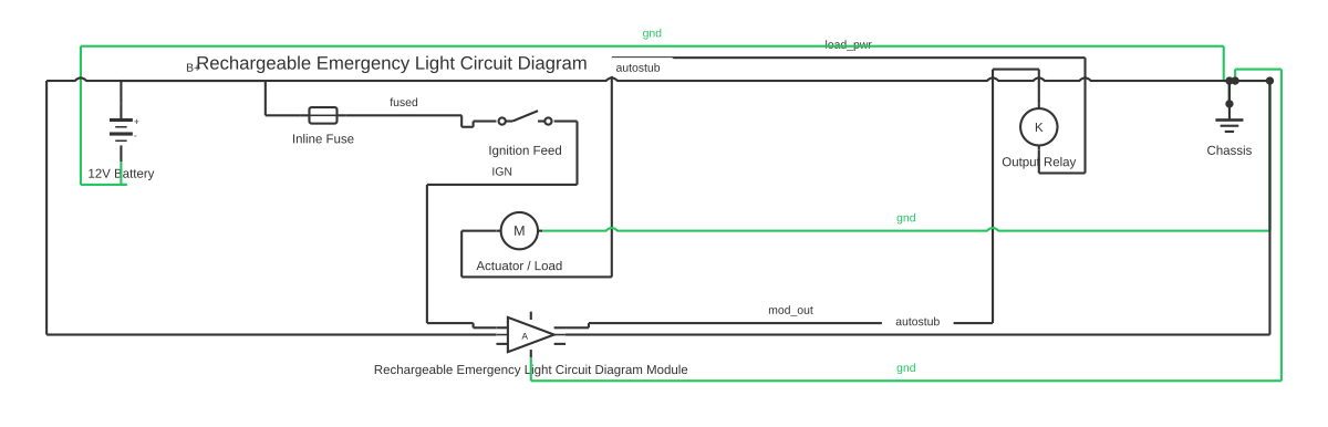 Rechargeable emergency light circuit diagram showing battery, fuse, SPST switch and amplifier block with 10 wired connections