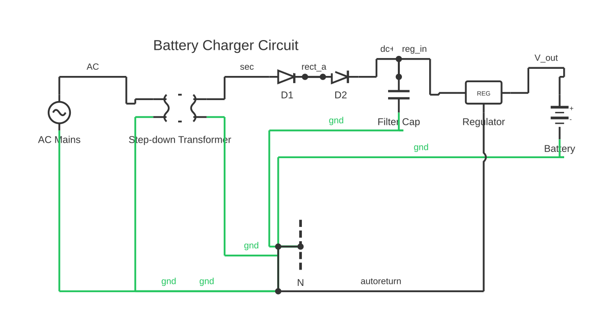 Regulator wiring diagram showing AC voltage source, transformer, diode and capacitor with 12 wired connections