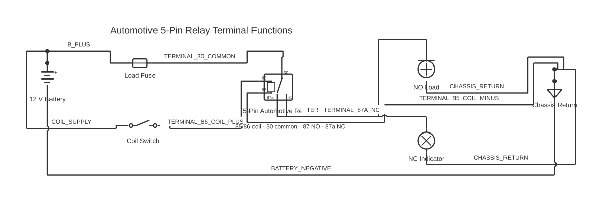 Relay pinout showing battery, fuse, SPST switch and five-pin automotive relay with 10 wired connections