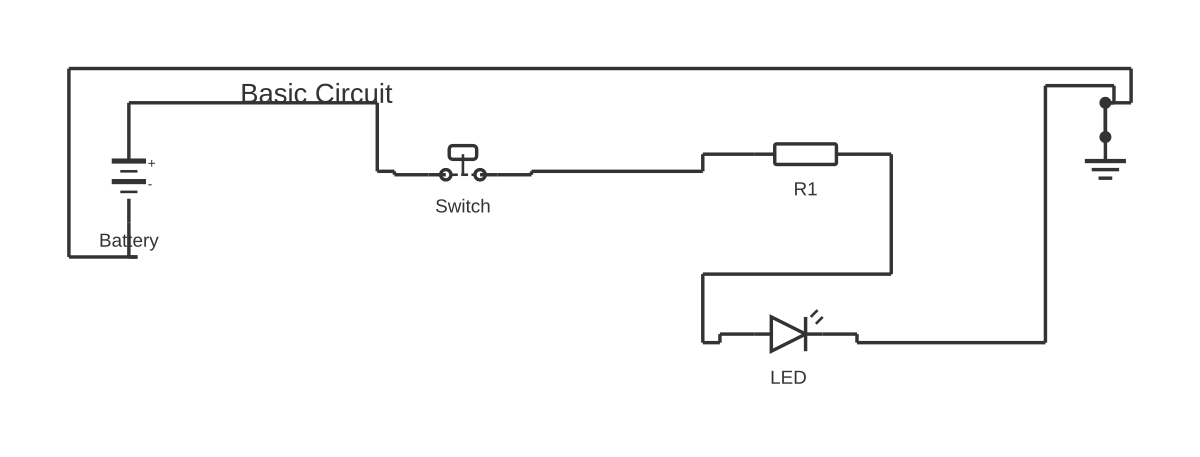 Simple shed wiring diagram showing battery, push button, resistor and LED with 5 wired connections