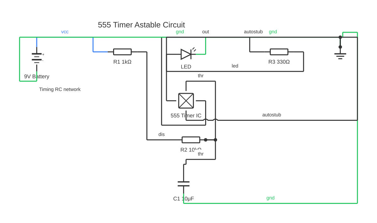Timer circuit diagram showing battery, resistor, capacitor and LED with 11 wired connections