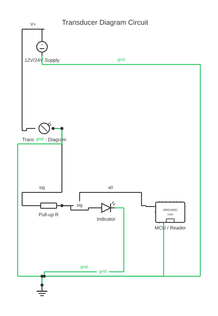 Transducer diagram showing DC voltage source, photocell, resistor and Arduino Uno with 8 wired connections