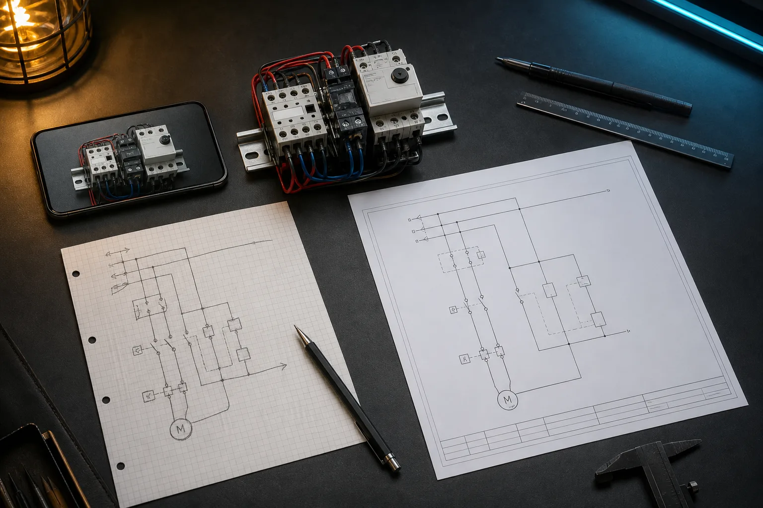 A smartphone reference photo and hand-drawn circuit sketch beside a clean editable control-circuit schematic