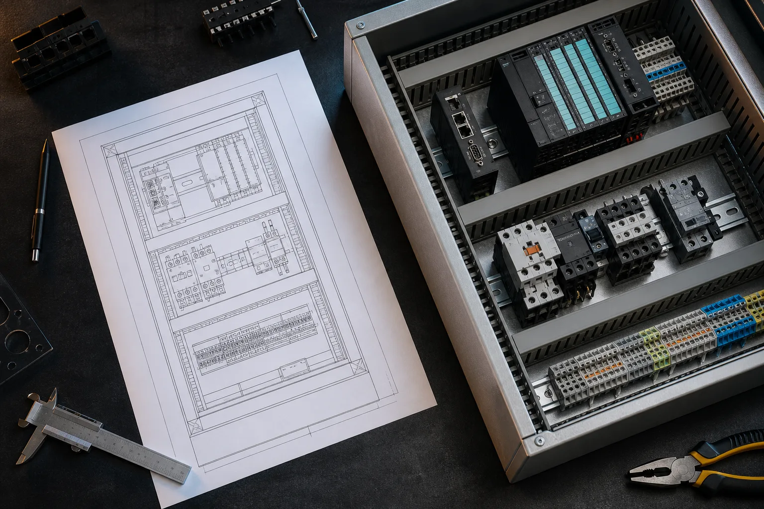 Two-dimensional cabinet layout beside a matching control enclosure with DIN rails, PLC modules, contactors, terminals, and wire duct