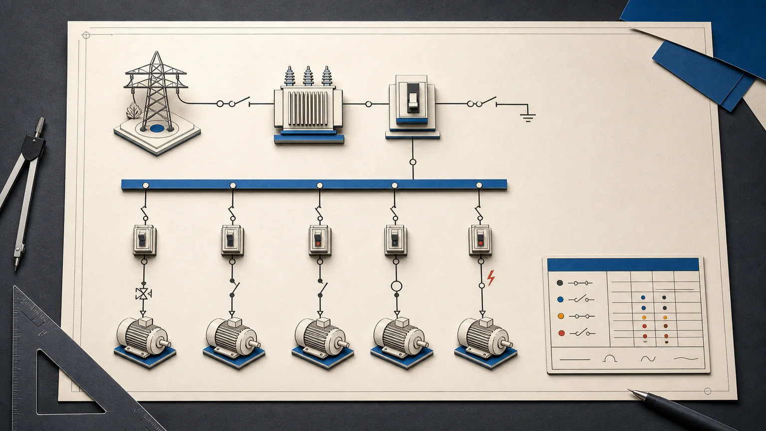 Illustrated electrical single-line diagram with utility source, transformer, busbar, breakers, motors, and schedule