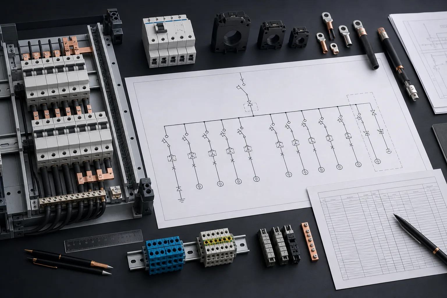 Single-line distribution drawing beside circuit breakers, busbars, current transformers, cable lugs, and a load schedule