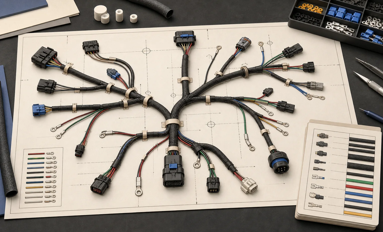 Illustrated branched wire harness formboard with connectors, braided bundles, ring terminals, splices, and cut-list cards