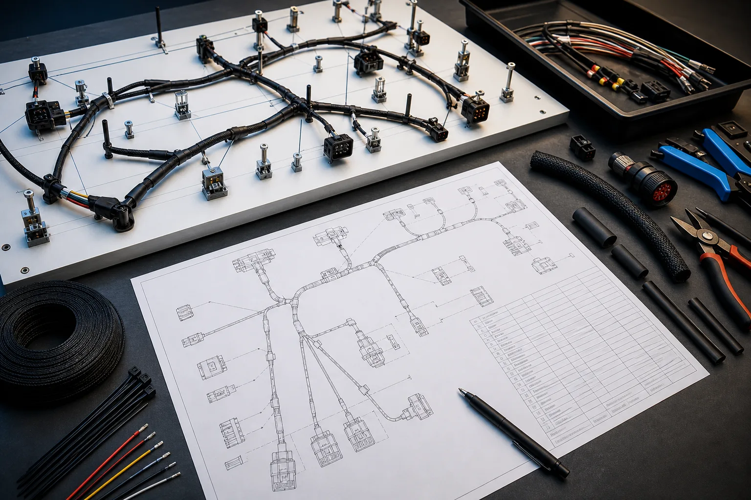 Branched wire harness held on a formboard beside connector drawings, a cut-list sheet, sleeve, and termination tools