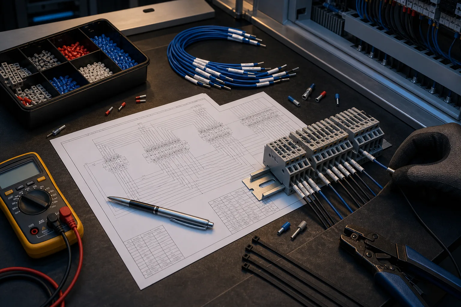 Numbered conductors and ferrules arranged beside terminal blocks, a terminal schedule, multimeter, and crimping tools