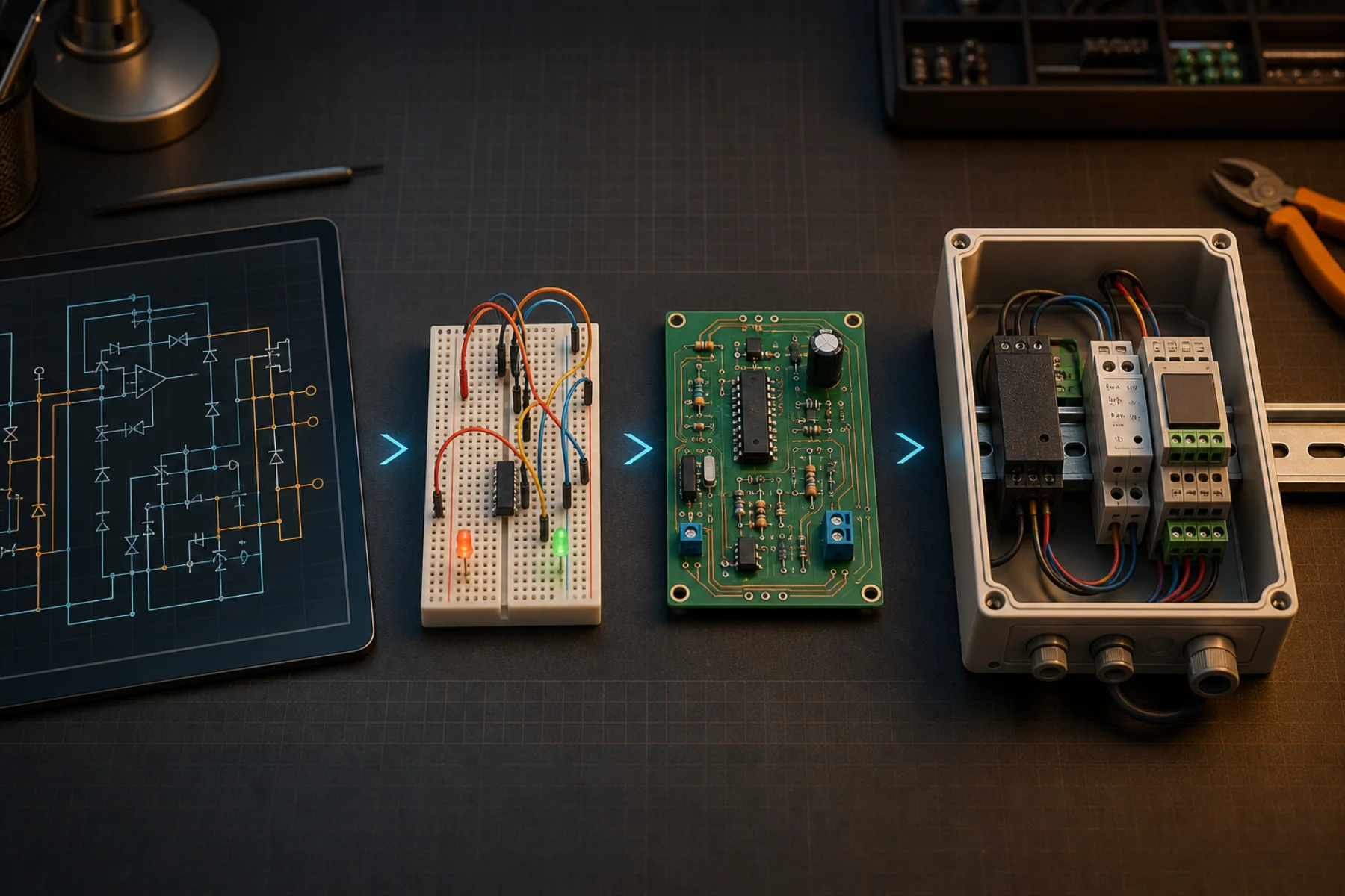 Electrical workflow progressing from an editable wiring diagram to breadboard, PCB, and DIN-rail panel implementation