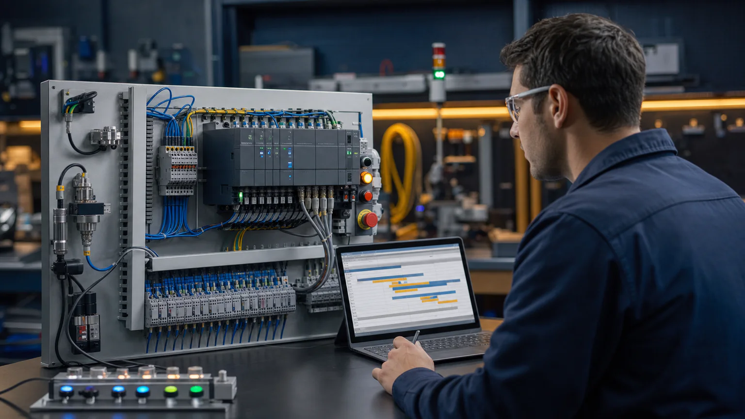 Professional PLC I/O List Template workbench showing the physical engineering context behind the documented workflow.