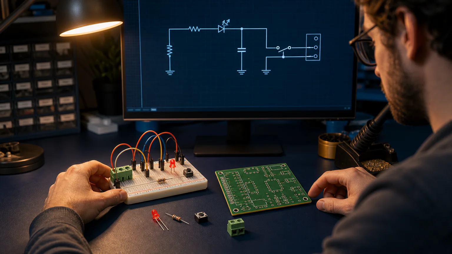 Professional Schematic to Breadboard and PCB Workflow workbench showing the physical engineering context behind the documented workflow.